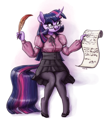 Size: 1425x1600 | Tagged: safe, artist:king-kakapo, character:twilight sparkle, species:anthro, species:pony, species:unguligrade anthro, blouse, clothing, ear piercing, earring, female, glasses, high heels, jewelry, mare, pantyhose, piercing, pleated skirt, quill pen, ribbon, scroll, shoes, sitting, skirt, solo