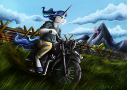 Size: 1750x1237 | Tagged: safe, artist:jamescorck, character:shining armor, species:anthro, clothing, commission, horn, long horn, male, motorcycle, pants, riding, scenery, sitting, the great escape