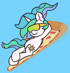 Size: 1050x1100 | Tagged: safe, artist:threetwotwo32232, character:princess celestia, species:alicorn, species:pony, newbie artist training grounds, female, floaty, food, inflatable, mare, pizza, pool toy, solo, sunglasses, swimming pool