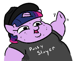 Size: 407x330 | Tagged: safe, artist:jargon scott, artist:threetwotwo32232, character:twilight sparkle, species:pony, acne, brony stereotype, clothing, colored, fat, fedora, female, hat, obese, shirt, simple background, solo, sweat, t-shirt, twilard sparkle, white background
