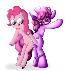 Size: 685x718 | Tagged: safe, artist:extradan, character:berry punch, character:berryshine, character:pinkie pie, butt to butt, butt touch, clothing, panties, panties around legs, underwear