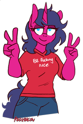 Size: 2396x3575 | Tagged: safe, artist:redxbacon, artist:threetwotwo32232, oc, oc:fizzy pop, species:anthro, species:pony, species:unicorn, clothing, colored, female, lidded eyes, mare, no pupils, peace sign, shirt, simple background, smiling, t-shirt, transparent background, vulgar