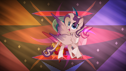 Size: 3840x2160 | Tagged: safe, artist:laszlvfx, artist:n0kkun, edit, oc, oc only, oc:shimmering spectacle, species:alicorn, species:pony, alicorn oc, curved horn, horn, leonine tail, looking at you, magical lesbian spawn, magical threesome spawn, offspring, open mouth, raised hoof, solo, two toned wings, wallpaper, wallpaper edit, wings