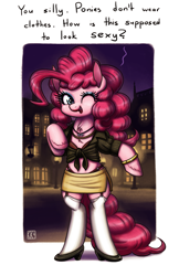 Size: 1623x2500 | Tagged: safe, artist:king-kakapo, character:pinkie pie, species:earth pony, species:pony, bipedal, clothing, female, garter belt, makeup, smiling, solo, we don't normally wear clothes