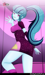 Size: 668x1106 | Tagged: safe, artist:clouddg, character:sonata dusk, episode:find the magic, g4, my little pony: equestria girls, my little pony:equestria girls, spoiler:eqg series (season 2), ass, breasts, busty sonata dusk, butt, clothing, female, legs, lipstick, looking at you, looking back, looking back at you, ponytail, signature, smiling, solo, sonata donk, taco dress, thighs