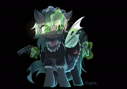 Size: 1280x896 | Tagged: safe, artist:swaybat, oc, oc:weiba, species:changeling, species:pony, black background, clothing, female, glowing horn, gun, handgun, horn, levitation, looking at you, magic, maid, mare, pistol, simple background, solo, telekinesis, weapon