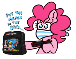 Size: 900x700 | Tagged: safe, artist:threetwotwo32232, character:pinkie pie, species:earth pony, species:pony, backpack, bag, bandana, female, gun, mare, meme, robbery, simple background, solo, sonic the hedgehog (series), toy gun, transparent background, weapon