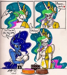Size: 1320x1460 | Tagged: safe, artist:newyorkx3, character:princess celestia, character:princess luna, species:anthro, bait and switch, cake, comic, dialogue, frosting, icing bag, traditional art, trolling