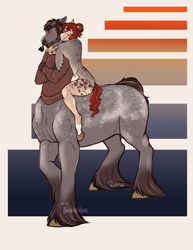 Size: 2550x3300 | Tagged: safe, artist:jc_bbqueen, oc, oc only, oc:aleyn, oc:ciara, species:anthro, species:centaur, species:unguligrade anthro, anthro centaur, anthro oc, blushing, clothing, couple, crossed arms, dilf, female, hug, husband and wife, male, married couple, ponytaur, selkie, species swap, sweater, taur