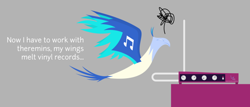 Size: 702x301 | Tagged: safe, artist:parclytaxel, character:dj pon-3, character:vinyl scratch, species:bird, species:phoenix, birdified, cropped, dialogue, female, flying, musical instrument, simple background, solo, species swap, theremin, transformation, transformed