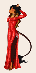 Size: 1459x2967 | Tagged: safe, artist:jc_bbqueen, oc, oc only, oc:daniel dasher, species:anthro, species:dracony, species:unguligrade anthro, anthro oc, clothing, cloven hooves, crossdressing, dress, eyes closed, eyeshadow, femboy, hybrid, leonine tail, lipstick, makeup, male, missing wing, red dress, side slit, solo
