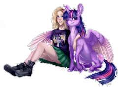 Size: 4000x2928 | Tagged: safe, artist:gaelledragons, artist:pixelkitties, character:twilight sparkle, character:twilight sparkle (alicorn), character:twilight sparkle (scitwi), species:alicorn, species:eqg human, species:human, species:pony, boots, chest fluff, clothing, cloven hooves, commission, equestria girls ponified, female, hug, human female, one eye closed, ponified, scitwilicorn, shirt, shoes, simple background, smiling, transparent background, winghug