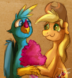 Size: 1044x1128 | Tagged: safe, artist:jamescorck, character:applejack, character:gallus, species:earth pony, species:griffon, species:pony, cotton candy, crack shipping, galljack, holding hooves, older gallus, shipping, snickering, wings