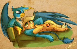 Size: 1613x1038 | Tagged: safe, artist:jamescorck, character:applejack, character:gallus, species:earth pony, species:griffon, species:pony, couch, crack shipping, galljack, head between legs, head on lap, lying down, older gallus, shipping, wings