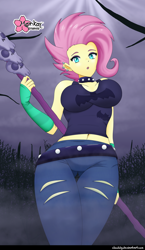 Size: 750x1291 | Tagged: safe, artist:clouddg, character:fluttershy, episode:the road less scheduled, g4, my little pony: equestria girls, my little pony:equestria girls, spoiler:choose your own ending (season 2), spoiler:eqg series (season 2), belly button, big breasts, breasts, busty fluttershy, choker, clothing, crystal skull staff, ear piercing, earring, female, flutterpunk, goth, hips, jewelry, midriff, pants, piercing, sexy, solo, spiked choker, tank top, the road less scheduled: fluttershy