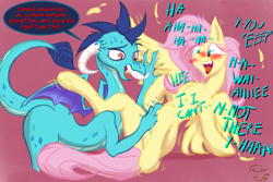 Size: 2400x1600 | Tagged: safe, artist:frist44, character:fluttershy, character:princess ember, species:dragon, species:pegasus, species:pony, blushing, crying, duo, embershy, female, laughing, lesbian, shipping, tears of laughter, tickling, ticklish wings, wings