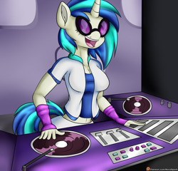 Size: 2500x2400 | Tagged: safe, artist:novaspark, character:dj pon-3, character:vinyl scratch, species:anthro, belly button, clothing, female, jacket, smiling, solo, turntable