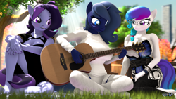 Size: 1920x1080 | Tagged: safe, artist:anthroponiessfm, oc, oc:aurora starling, oc:midnight music, oc:raven storm, species:anthro, species:plantigrade anthro, 3d, clothing, cute, cute face, dress, female, glasses, guitar, heterochromia, looking at each other, musical instrument, park, picnic, playing, source filmmaker