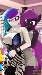 Size: 1080x1920 | Tagged: safe, artist:anthroponiessfm, oc, oc only, oc:aurora starling, oc:kimberly, species:anthro, 3d, anthro oc, blushing, braid, clothing, curious, cute, female, glasses, goo pony, heterochromia, hug, looking at each other, original species, source filmmaker