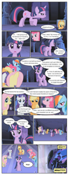 Size: 612x1553 | Tagged: safe, artist:newbiespud, edit, edited screencap, screencap, character:applejack, character:fluttershy, character:nightmare moon, character:pinkie pie, character:princess luna, character:rainbow dash, character:rarity, character:twilight sparkle, character:twilight sparkle (unicorn), species:alicorn, species:earth pony, species:pegasus, species:pony, species:unicorn, comic:friendship is dragons, episode:friendship is magic, g4, my little pony: friendship is magic, castle of the royal pony sisters, comic, dialogue, ethereal mane, exclamation point, eyes closed, female, galaxy mane, helmet, hoof shoes, interrobang, mane six, mare, question mark, screencap comic, shocked
