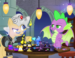 Size: 1000x773 | Tagged: safe, artist:pixelkitties, character:mayor mare, character:spike, species:dragon, cheating, chess, clothing, dice, duo, fire, fire breath, winged spike