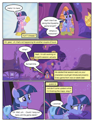 Size: 612x792 | Tagged: safe, artist:newbiespud, edit, edited screencap, screencap, character:twilight sparkle, character:twilight sparkle (unicorn), species:pony, species:unicorn, comic:friendship is dragons, episode:winter wrap up, g4, my little pony: friendship is magic, boots, clothing, comic, dialogue, eyes closed, female, golden oaks library, mare, saddle, scarf, screencap comic, shoes, tack