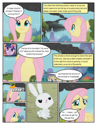 Size: 612x792 | Tagged: safe, artist:newbiespud, edit, edited screencap, screencap, character:angel bunny, character:fluttershy, character:twilight sparkle, character:twilight sparkle (unicorn), species:pegasus, species:pony, species:rabbit, species:unicorn, comic:friendship is dragons, episode:dragonshy, g4, my little pony: friendship is magic, animal, annoyed, carrot, comic, crossed arms, dialogue, female, food, looking up, male, mare, mountain, onomatopoeia, screencap comic, smoke