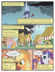 Size: 612x792 | Tagged: safe, artist:newbiespud, edit, edited screencap, screencap, character:carrot top, character:derpy hooves, character:golden harvest, character:rarity, species:dragon, species:earth pony, species:pony, species:unicorn, comic:friendship is dragons, episode:dragonshy, g4, my little pony: friendship is magic, book, clothing, comic, dialogue, female, flying, freckles, golden oaks library, hat, house, ladder, mare, mountain, screencap comic, smoke