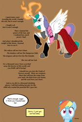 Size: 800x1181 | Tagged: safe, artist:newbiespud, artist:thousandyearsunrise, character:princess celestia, character:rainbow dash, species:alicorn, species:pegasus, species:pony, comic:friendship is dragons, alternate hairstyle, braid, clothing, collaboration, comic, dialogue, female, frown, glowing horn, horn, mare, pyromancy, raised hoof