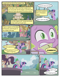 Size: 612x792 | Tagged: safe, artist:newbiespud, edit, edited screencap, screencap, character:spike, character:twilight sparkle, character:twilight sparkle (unicorn), species:dragon, species:pony, species:unicorn, comic:friendship is dragons, episode:bridle gossip, g4, my little pony: friendship is magic, building, comic, dialogue, exclamation point, female, interrobang, male, mare, question mark, riding, screencap comic, worried