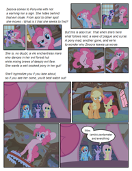 Size: 612x792 | Tagged: safe, artist:newbiespud, edit, edited screencap, screencap, character:apple bloom, character:fluttershy, character:pinkie pie, character:rainbow dash, character:twilight sparkle, character:twilight sparkle (unicorn), species:pony, species:unicorn, comic:friendship is dragons, episode:bridle gossip, g4, my little pony: friendship is magic, bow, clothing, comic, dialogue, evil enchantress, evil enchantress song, female, filly, framed by legs, hair bow, hat, implied zecora, mare, rearing, screencap comic, singing, text