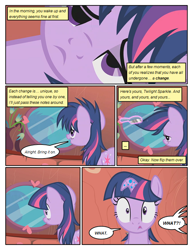 Size: 612x792 | Tagged: safe, artist:newbiespud, edit, edited screencap, screencap, character:twilight sparkle, character:twilight sparkle (unicorn), species:pony, species:unicorn, comic:friendship is dragons, episode:bridle gossip, g4, my little pony: friendship is magic, ..., comic, dialogue, exclamation point, female, floppy horn, glowing horn, horn, interrobang, magic, mare, messy mane, mirror, offscreen character, poison joke, question mark, reflection, screencap comic, shocked, telekinesis, tired