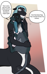 Size: 1540x2405 | Tagged: safe, artist:jc_bbqueen, oc, oc only, oc:mako, oc:pandie, species:anthro, species:centaur, species:pony, anthro centaur, anthro oc, brother and sister, comforting, dialogue, female, male, mare, orca pony, original species, siblings, speech bubble, stallion