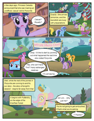 Size: 612x792 | Tagged: safe, artist:newbiespud, edit, edited screencap, screencap, character:berry punch, character:berryshine, character:carrot top, character:daisy, character:derpy hooves, character:fluttershy, character:golden harvest, character:lily, character:lily valley, character:minuette, character:rainbow dash, character:twilight sparkle, character:twilight sparkle (unicorn), species:earth pony, species:pegasus, species:pony, species:unicorn, comic:friendship is dragons, banner, basket, book, bouquet, comic, dialogue, flower, golden oaks library, mouth hold, raised hoof, screencap comic, tree, watering can