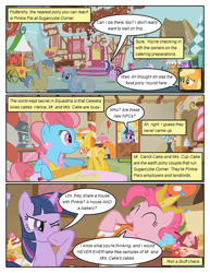 Size: 612x792 | Tagged: safe, artist:newbiespud, edit, edited screencap, screencap, character:amethyst star, character:applejack, character:carrot cake, character:cup cake, character:goldengrape, character:linky, character:pinkie pie, character:shoeshine, character:sparkler, character:twilight sparkle, character:twilight sparkle (unicorn), species:earth pony, species:pony, species:unicorn, comic:friendship is dragons, episode:swarm of the century, g4, my little pony: friendship is magic, apron, bow tie, candy, candy cane, clothing, comic, dialogue, female, food, male, mare, rolling pin, screencap comic, stallion, sugarcube corner, tongue out