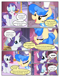 Size: 612x792 | Tagged: safe, artist:newbiespud, edit, edited screencap, screencap, character:rarity, character:sapphire shores, species:pony, comic:friendship is dragons, clothing, comic, dialogue, eyes closed, female, hat, lidded eyes, makeup, mare, raised hoof, screencap comic, top hat