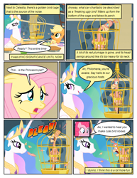 Size: 612x792 | Tagged: safe, artist:newbiespud, edit, edited screencap, screencap, character:applejack, character:philomena, character:princess celestia, species:alicorn, species:earth pony, species:pegasus, species:phoenix, species:pony, comic:friendship is dragons, episode:a bird in the hoof, g4, my little pony: friendship is magic, big crown thingy, bird cage, comic, coughing, cupcake, dialogue, female, food, freckles, jewelry, mare, onomatopoeia, peytral, pie, regalia, screencap comic