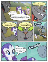 Size: 612x792 | Tagged: safe, artist:newbiespud, edit, edited screencap, screencap, character:fido, character:rarity, character:rover, character:spike, species:dragon, species:pony, species:unicorn, comic:friendship is dragons, clothing, collar, comic, dialogue, female, male, mare, onomatopoeia, screencap comic, slit eyes, spiked collar, spot, vest