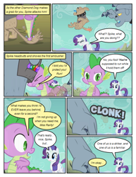 Size: 612x792 | Tagged: safe, artist:newbiespud, edit, edited screencap, screencap, character:fido, character:rarity, character:spike, species:diamond dog, species:dragon, species:pony, species:unicorn, comic:friendship is dragons, collar, comic, dialogue, female, fight, male, mare, onomatopoeia, screencap comic, spiked collar, spot