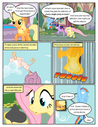 Size: 612x792 | Tagged: safe, artist:newbiespud, edit, edited screencap, screencap, character:applejack, character:fluttershy, character:philomena, species:earth pony, species:pegasus, species:phoenix, species:pony, species:unicorn, comic:friendship is dragons, episode:a bird in the hoof, g4, my little pony: friendship is magic, ash, building, clothing, comic, dialogue, falling, female, flying, grin, hat, hoof hold, hooves, horn, incineration, mare, onomatopoeia, raised hoof, running, screencap comic, smiling, standing, upside down, wings, x eyes