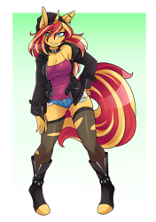 Size: 1800x2550 | Tagged: safe, artist:ambris, character:sunset shimmer, species:anthro, species:pony, species:unguligrade anthro, species:unicorn, beanie, boots, breasts, busty sunset shimmer, cleavage, clothing, collar, cute, daisy dukes, ear piercing, earring, eye clipping through hair, female, hat, hoof shoes, jacket, jewelry, leather jacket, leggings, looking at you, piercing, punk, shimmerbetes, shirt, shoes, shorts, smiling, solo, torn clothes