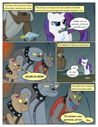 Size: 612x792 | Tagged: safe, artist:newbiespud, edit, edited screencap, screencap, character:fido, character:rarity, character:rover, species:diamond dog, species:pony, species:unicorn, comic:friendship is dragons, clothing, collar, comic, dialogue, female, gem, guard, male, mare, screencap comic, spear, spiked collar, spot, vest, weapon