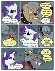 Size: 612x792 | Tagged: safe, artist:newbiespud, edit, edited screencap, screencap, character:fido, character:rarity, character:rover, species:diamond dog, species:pony, species:unicorn, comic:friendship is dragons, clothing, collar, comic, dialogue, female, gem, male, mare, screencap comic, spiked collar, spot, vest