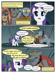 Size: 612x792 | Tagged: safe, artist:newbiespud, edit, edited screencap, screencap, character:fido, character:rarity, character:rover, species:diamond dog, species:pony, species:unicorn, comic:friendship is dragons, clothing, collar, comic, crate, dialogue, female, gem, male, mare, screencap comic, spiked collar, spot, vest