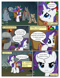 Size: 612x792 | Tagged: safe, artist:newbiespud, edit, edited screencap, screencap, character:fido, character:rarity, character:rover, species:diamond dog, species:pony, species:unicorn, comic:friendship is dragons, clothing, collar, comic, crate, dialogue, female, gem, harness, male, mare, screencap comic, spiked collar, spot, tack, vest, wagon