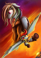 Size: 1237x1750 | Tagged: safe, artist:jamescorck, character:rainbow dash, species:pegasus, species:pony, anime, berserk, casca, clothing, crossover, female, looking at you, mare, mouth hold, robe, solo, sunset, sword, weapon