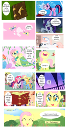 Size: 732x1400 | Tagged: safe, artist:newbiespud, artist:scales, edit, edited screencap, screencap, character:applejack, character:derpy hooves, character:fluttershy, character:nurse redheart, character:parasol, character:pinkie pie, character:rainbow dash, character:rarity, character:twilight sparkle, character:twilight sparkle (unicorn), species:earth pony, species:pegasus, species:pony, species:unicorn, comic:friendship is dragons, big crown thingy, book, butterfly, clothing, comic, dialogue, dress, eye reflection, eyes closed, female, filly, filly fluttershy, flying, full moon, gala dress, glowing horn, group hug, happy, hat, horn, hug, jewelry, mane six, mare, mare in the moon, moon, necklace, pearl necklace, reflection, regalia, screencap comic, singing, smiling, stars, younger