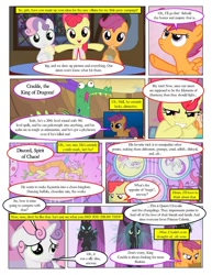 Size: 765x990 | Tagged: safe, artist:lyntermas, artist:newbiespud, edit, edited screencap, screencap, character:apple bloom, character:crackle, character:discord, character:queen chrysalis, character:scootaloo, character:sweetie belle, species:changeling, species:draconequus, species:dragon, species:earth pony, species:pegasus, species:pony, species:unicorn, comic:friendship is dragons, bow, changeling queen, collaboration, comic, cutie mark crusaders, dialogue, dragoness, female, filly, gendo pose, hair bow, male, milkshake, screencap comic, stained glass
