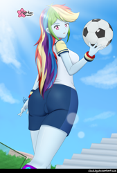 Size: 1381x2040 | Tagged: safe, artist:clouddg, character:rainbow dash, episode:sock it to me, g4, my little pony: equestria girls, my little pony:equestria girls, spoiler:choose your own ending (season 2), spoiler:eqg series (season 2), adorasexy, ass, ball, bleachers, butt, clothing, crepuscular rays, cute, female, football, rainbutt dash, sexy, shorts, signature, solo, sports, thighs, wristband