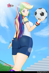 Size: 1381x2040 | Tagged: safe, alternate version, artist:clouddg, character:rainbow dash, species:human, episode:sock it to me, g4, my little pony: equestria girls, my little pony:equestria girls, spoiler:eqg series (season 2), adorasexy, ass, ball, bleachers, breasts, busty rainbow dash, butt, clothing, crepuscular rays, cute, female, football, human coloration, rainbutt dash, sexy, shorts, signature, solo, sports, wristband